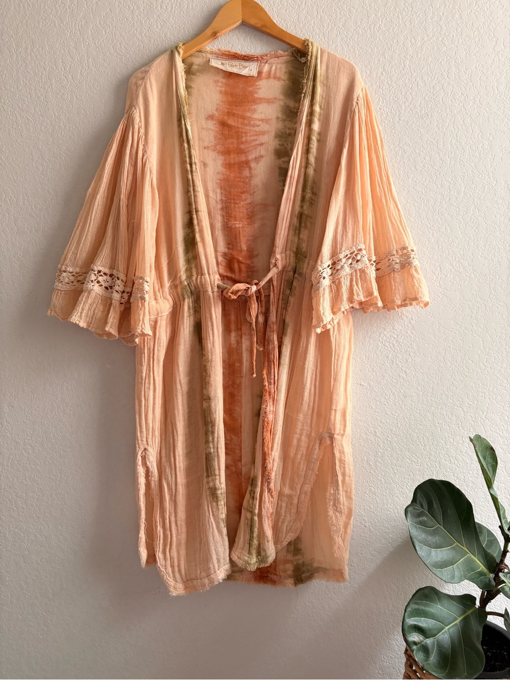 Jen's Pirate Booty Scarlet Kimono Duster Peach Tie Dye Boho Lace Trim M/L